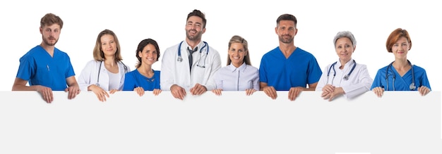 Group of doctors presenting empty banner