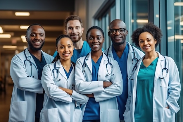 A group of doctors stand in a hospital hallway.