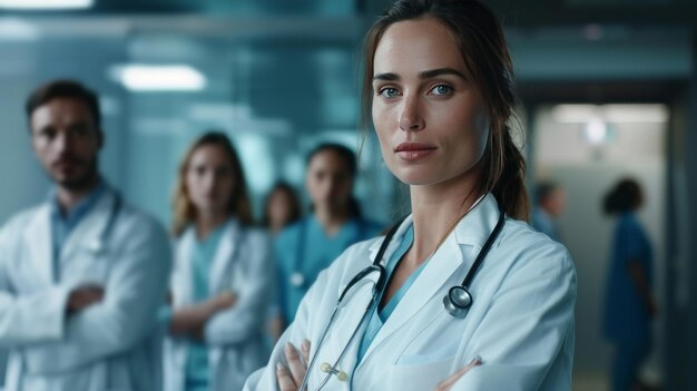 A group of doctors stand together in a hospital hallway