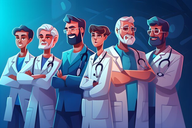 A group of doctors standing in front of a blue background.