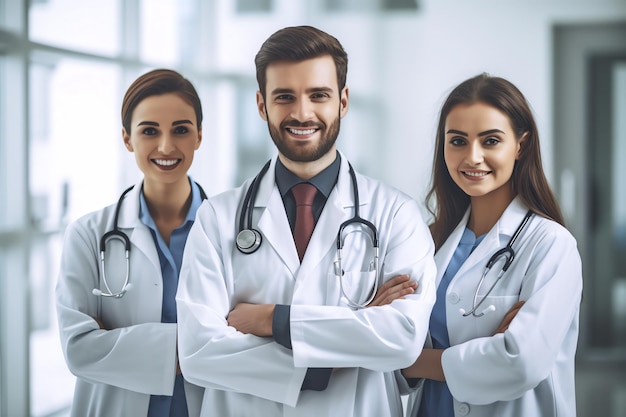 A group of doctors in white coats stand in a hospital corridor.