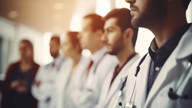 A group of doctors in white coats stand in a line, one of them has a stethoscope around his neck.
