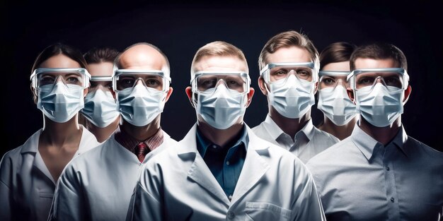 Photo group of doctors with face masks looking at camera corona virus concept