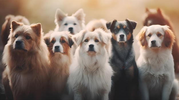 A group of dogs are lined up in a field.