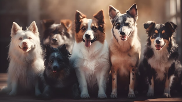 A group of dogs are lined up in front of a tree.