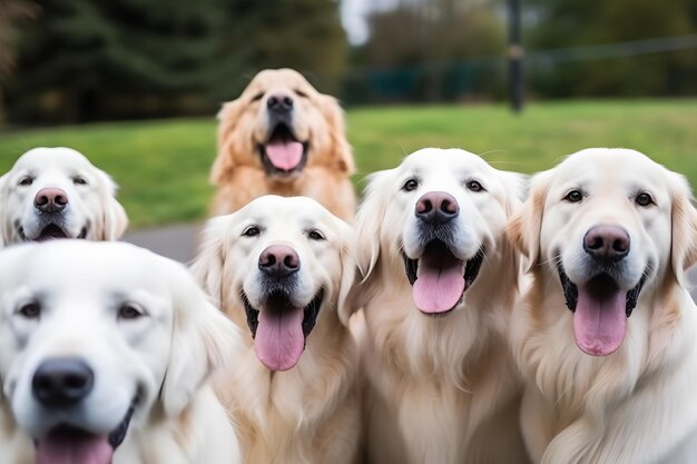 A group of dogs are lined up in a park