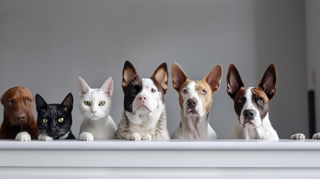 A group of dogs are lined up in a row, including a cat.