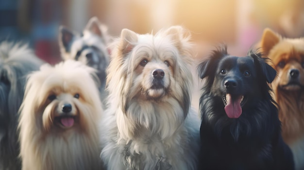 犬の群れが一列に並んでいます。