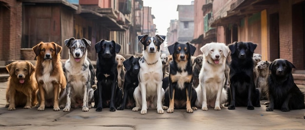 Photo a group of dogs are lined up in a street with one of them has a tag that says  do not enter