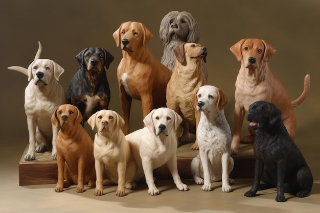 A group of dogs are sitting on a platform.