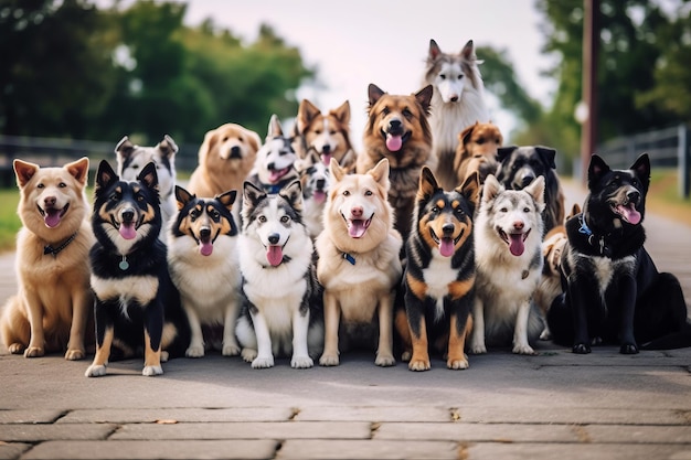 犬のグループが公園で一緒に座っています。