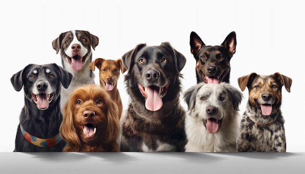 A group of dogs are on a white background