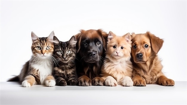 A group of dogs and cats with one of them looking at the camera.