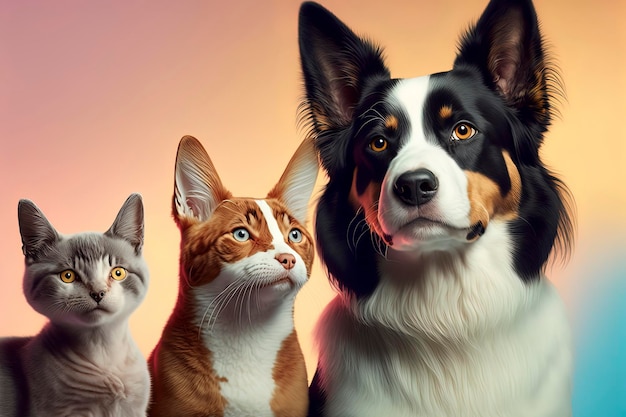 Photo group of dogs and cats with pastel background generated by ai