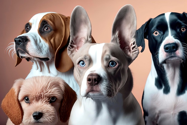 Группа собак и кошек с пастельным фоном Сгенерировано AI