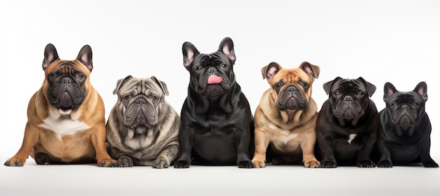 Group of dogs of different breeds isolated on white background with copy space for text placement