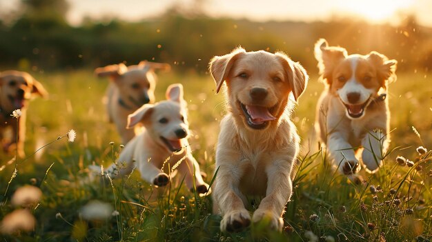 a group of dogs in a field with the sun behind them