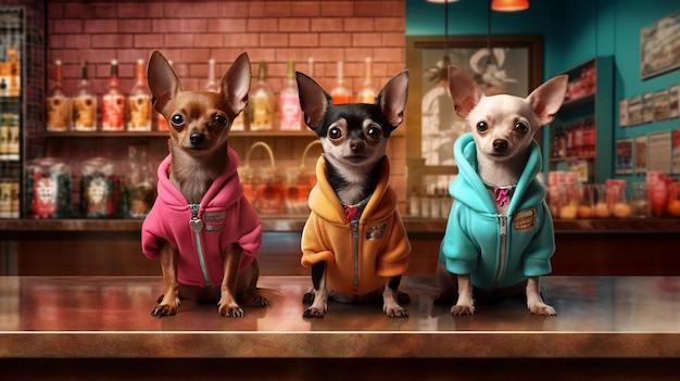 A group of dogs in hoodies sit at a bar.