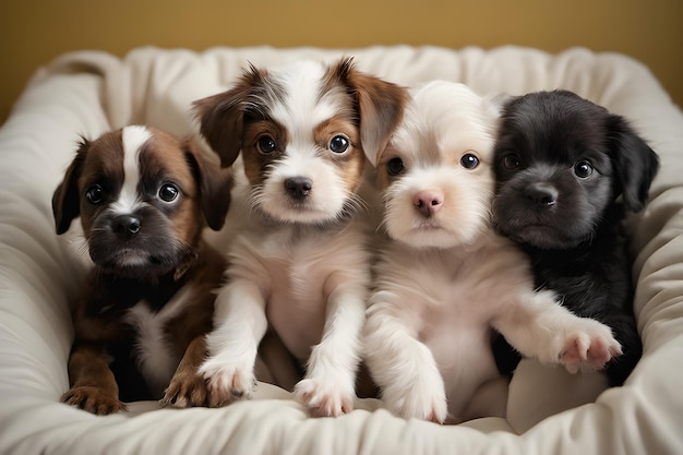 A group of dogs is staring at the camera