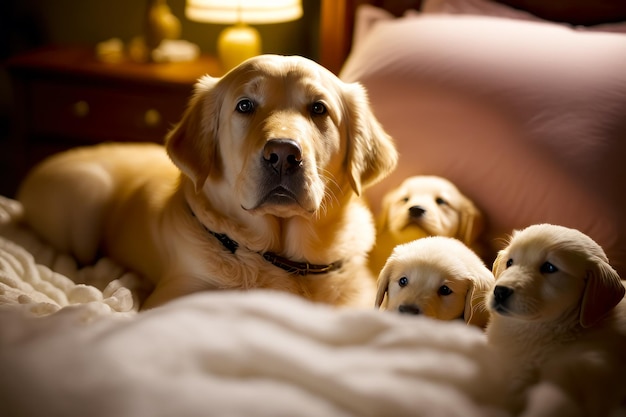 Group of dogs laying on top of bed next to each other Generative AI