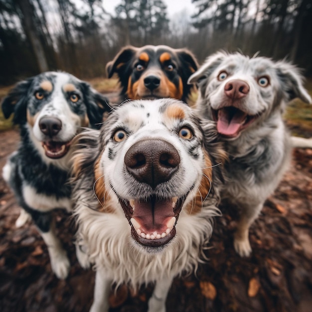 Photo a group of dogs and one dog are looking up.