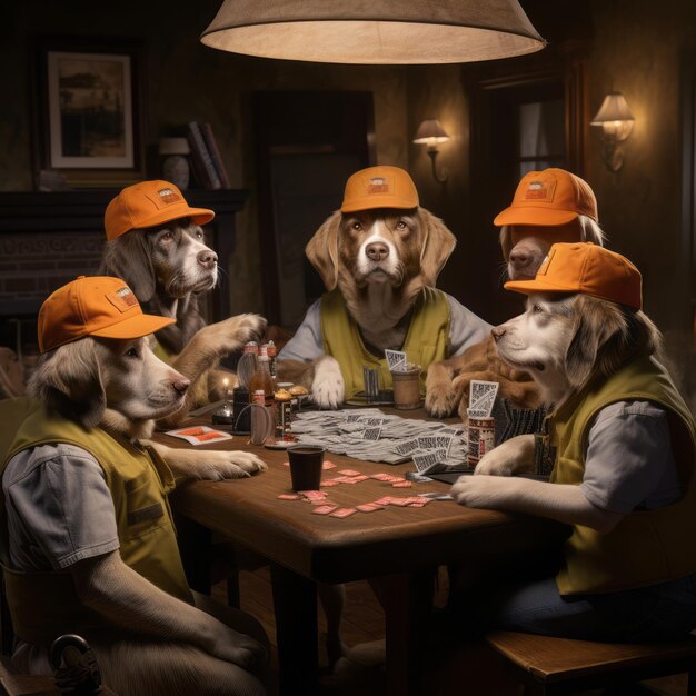 a group of dogs playing cards