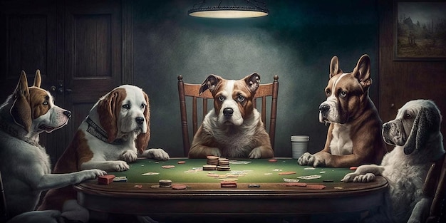暗い部屋のテーブルでポーカーをする犬のグループ