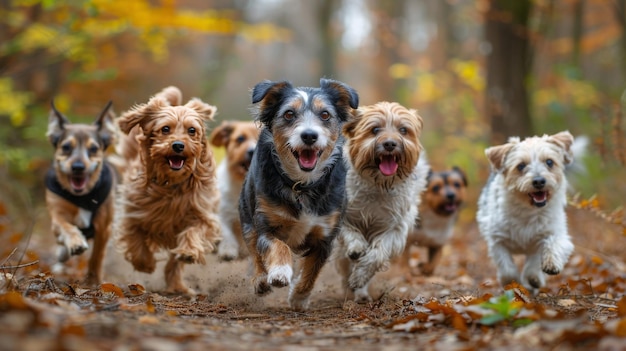 Group of Dogs Running Down Dirt Road