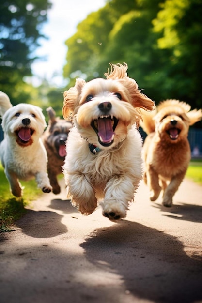 Photo a group of dogs running down a dirt road