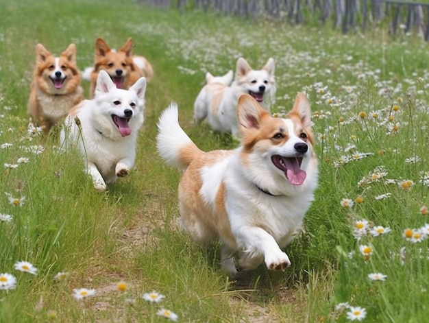 A group of dogs running in a field with flowers in the background.