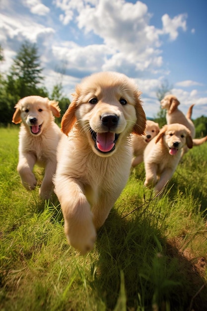 Photo a group of dogs running in a field with the sky in the background