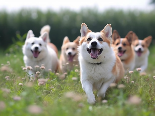 A group of dogs running in a field