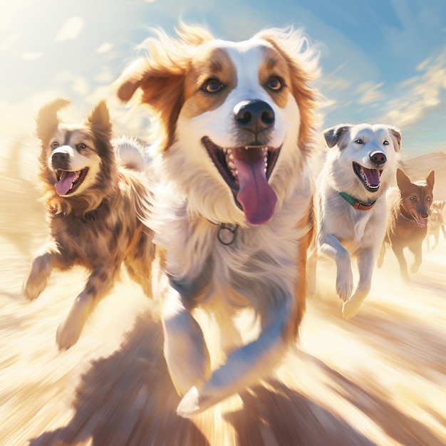 a group of dogs running in a line with the words dog running in the background.