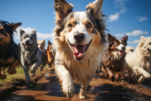 A group of dogs running through a water