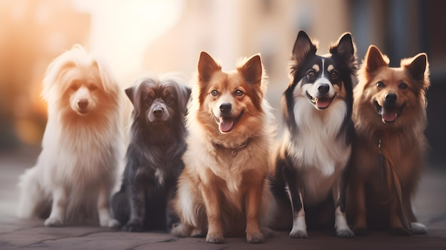 A group of dogs sit together in front of a sunset.