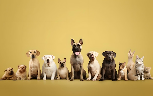 A group of dogs sit together in a row.