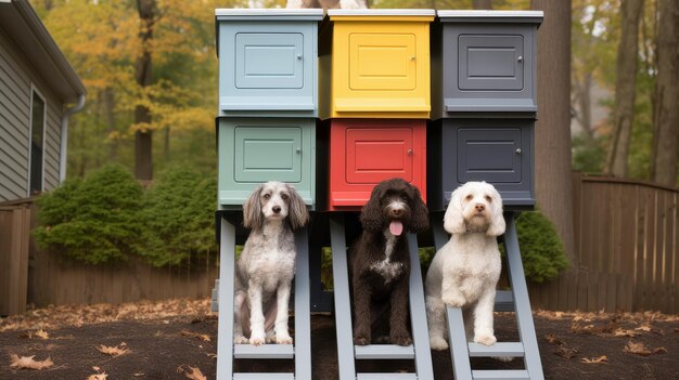 Group of Dogs Sitting on Wooden Structure