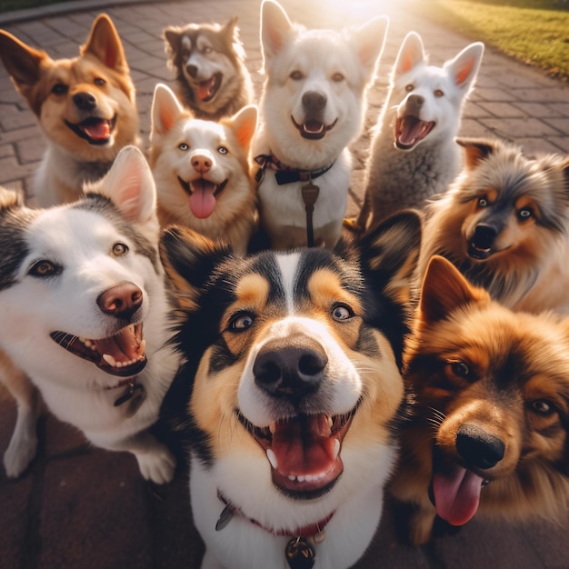 写真を撮る犬のグループ。