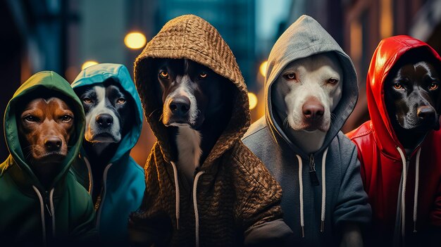 Foto gruppo di cani che indossano cappotti e cappucci colorati