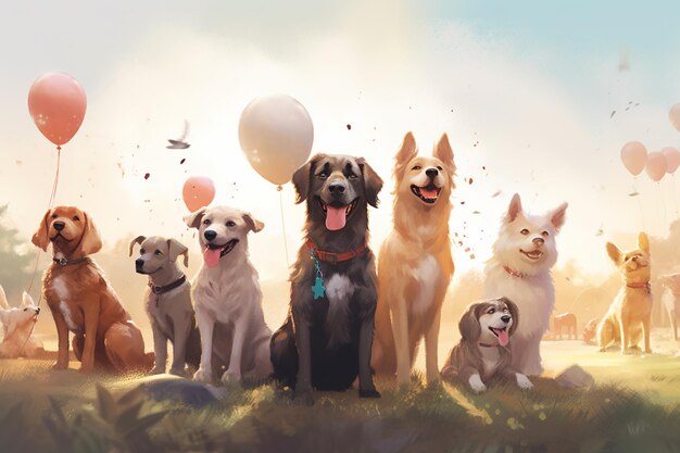 Group of dogs with balloons and confetti on a green meadow