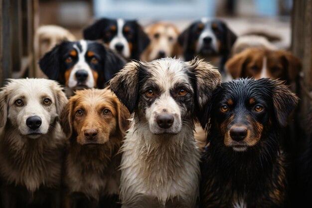 Foto un gruppo di cani con una faccia in bianco e nero e occhi marroni