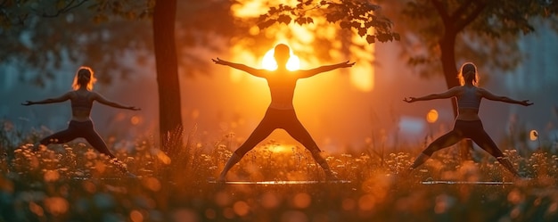 A Group Doing Yoga In Park At Sunrise Background