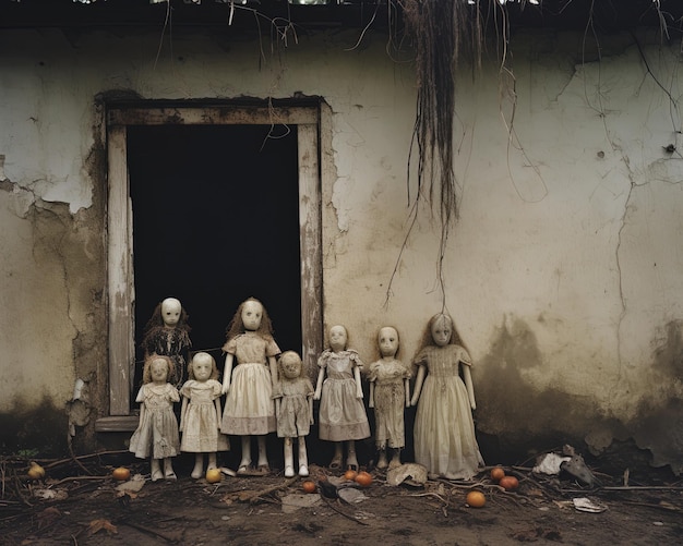 Photo a group of dolls are standing in front of a door