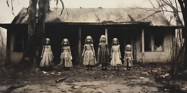 a group of dolls are standing in front of a house