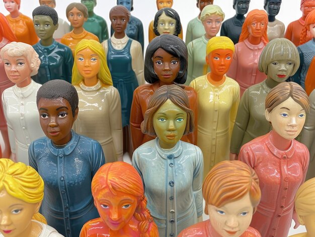 A group of dolls of various colors and sizes are lined up in a row