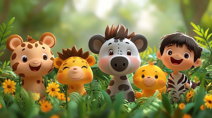 Photo a group of dolls with a pig and a pig in the grass