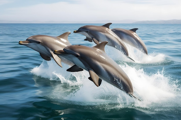 A group of dolphins are jumping out of the water.