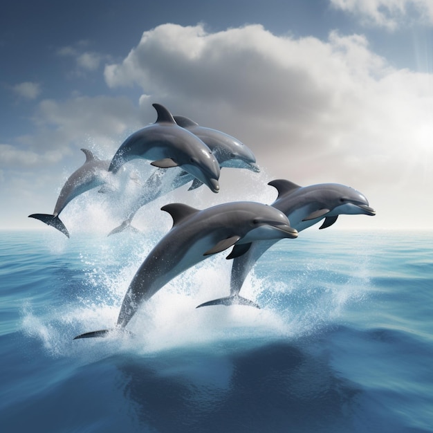 A group of dolphins are jumping out of the water.