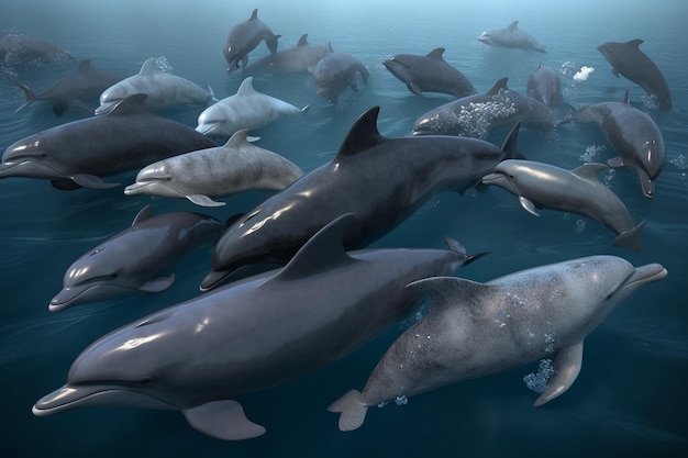 イルカの群れが海で泳いでいます。
