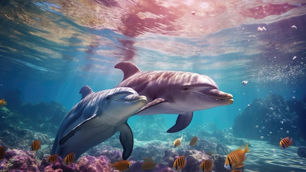 Photo group of dolphins in colorful underwater ai generative